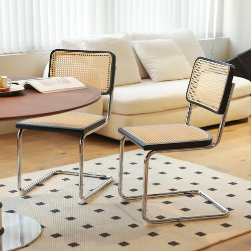 Bladez 4er Set Freischwinger Esszimmerstühle mit Wiener Geflecht & Holzoptik – Rattan Küchenstühle mit Chromgestell, Mid-Century Breuer Stil Cantilever Stühle für Esszimmer ( Schwarz + Holz)