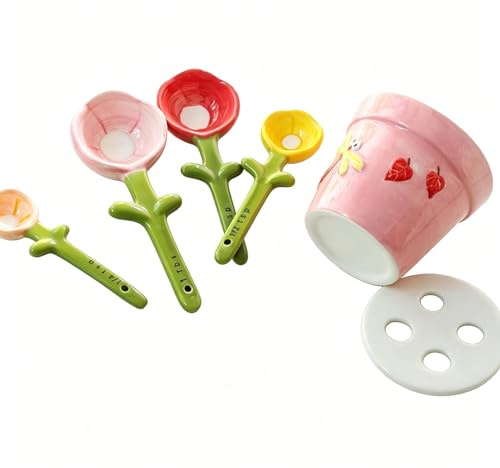 Flower Pot Ceramic Measuring Spoon Set, Stackable Decorative Kitchen Measuring Utensils, Accurate Ceramic Baking Spoons for Home Cooking and Kitchen Decor