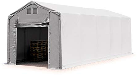 TOOLPORT Tente de Stockage 4x10m, Tente Industrielle, 3m Hauteur de côté, avec Porte actionnée par Traction, PVC 850 N, imperméable,Gris