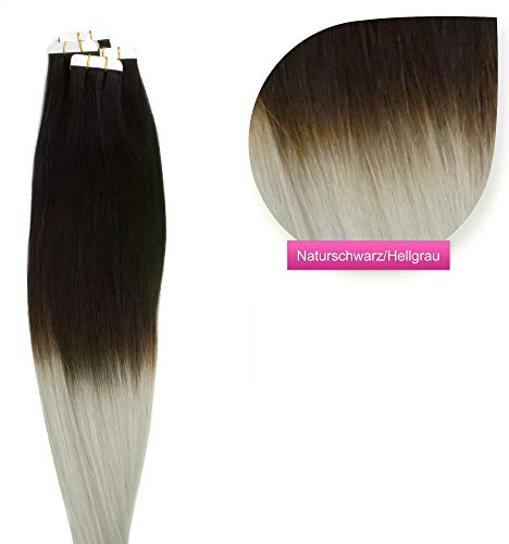 Tape Extensions Ombré Echthaar Haarverlängerung 60cm Tape In Haare mit Klebeband 10 Tressen x 4 cm breit und 2,5g Gewicht pro Tresse Farbe #1b/grau Naturschwarz Grau