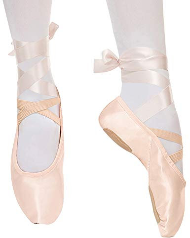 Chaussures de Danse Satin Demi Pointe Pantoufle de Ballet avec Ruban Rose Ballerine pour Enfants et Adulte 34 EU
