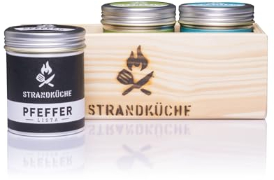 Strandküche 3er Gewürze Geschenkset Bulli 125 g I Bio Gewürze Set Basic mit Pfeffer Meersalz und Kräuter-Gewürzmischung I Exklusive Gewürze in handgefertigter Holzbox mit Geschenkbanderole
