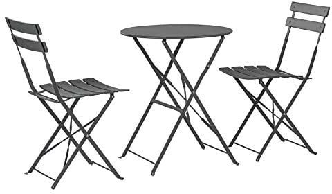 Harbour Housewares 2 Seater Grey Round Bistro Garden Table and Chairs Set - 2 Chairs and 1 Table 3 Piece Folding Outdoor Patio Balcony Furniture