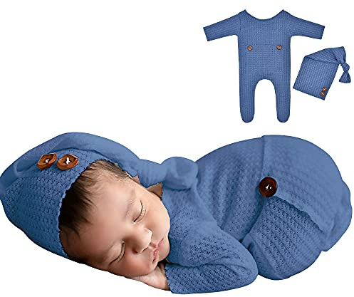 Winmany Baby Crochet Knit Photo Photography Prop Outfits,2PCS Newborn Photo Prop Romper Hats Costume Infant Accessories (Blue)
