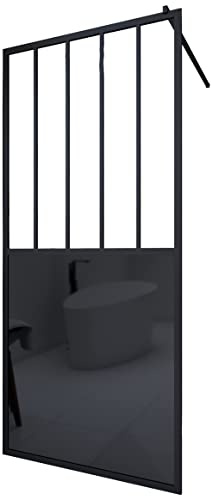 Paroi de douche 90x200 cm type verrieres - verre trempe et structure aluminium noir mat