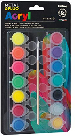 Morocolor PRIMO, 14 couleurs acryliques fluo et métal en blisters de 4,5 ml, Couleurs intenses et lumineuses, Peintures couvrantes et permanentes, Interagit bien avec les additifs, pinceau inclus