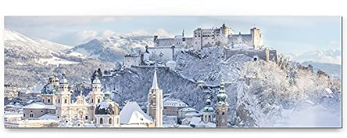 Eindrucksvolles XXL Panorama Acrylglasverbund-Bild, 8mm stark, 150x50cm Winterbild Salzburg als Wandbild. Das Glasbild setzt Ihr Wohnzimmer, Esszimmer oder Schlafzimmer perfekt in Szene