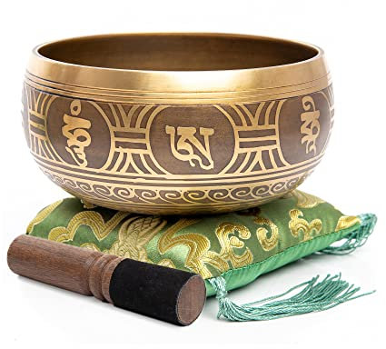Himalayan Bazaar - Juego de cuencos tibetanos para cantar - Fácil de tocar, hecho a mano para meditación, sonido, chakras, yoga, curación de 4 pulgadas (dorado y verde)