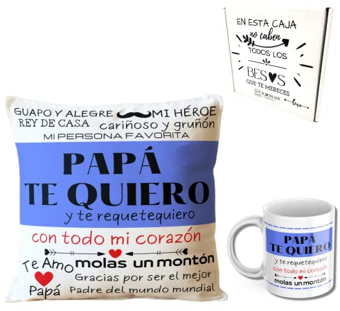 ETKR - Regalos Originales Hombre - Día del Padre - Regalos Dia del Padre - Regalo Hombre Original - Regalo Hombres - Cojín + Relleno y Taza Te Quiero - Cumpleaños Papá - Para Padres y Abuelos