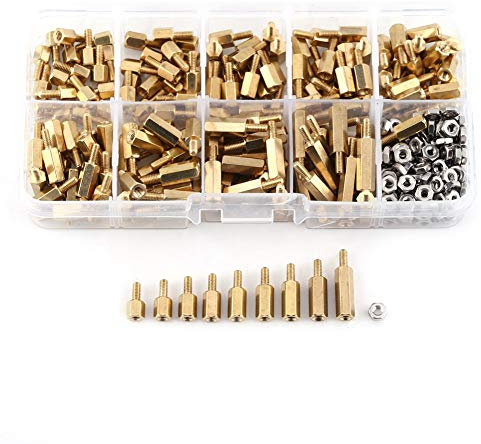 M2.5 Abstandshalter, 360 Teile/Satz M2.5 Messing Stecker-Buchse Abstandshalter + Edelstahl-Sechskantmuttern-Set Sortiment mit Kunststoffbox, Muttern- und Schraubensortiment-Sets