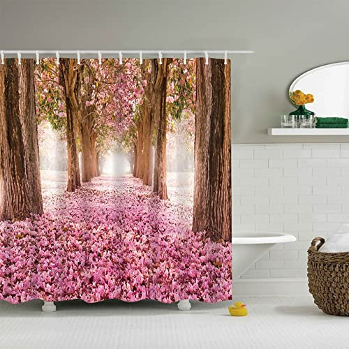 EHOMERY Duschvorhang Rollo Badewanne Badewanne Vorhang Lang Waldblumenstraße Polyester Rosa Rostfreie Ösen Und 12 Hakenringe, 140X180Cm