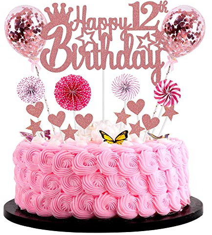 Happy 12th Birthday Tortendeko mädchen 12. Geburtstag Hello 12 Cake Topper Rosegold Kuchen Topper 12 Kuchen Deko 12 Geburtstag junge Tortendeko 12 jahre mädchen Glitter Cake Topper für 12 Geburtstag