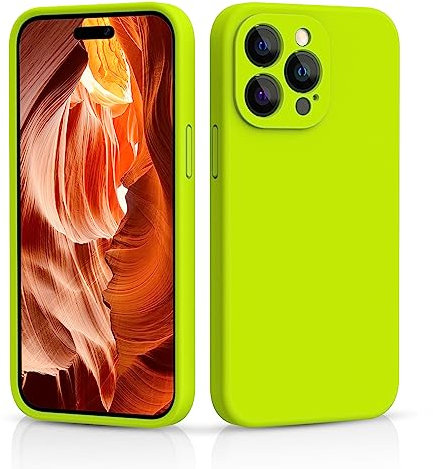 CALOOP Slim-Fit for iPhone 14 Pro Max Case,Shockproof Hard Frame Cover with Anti-Scratch Microfiber Lining,Skin Soft Liquid Silicone,Full Protection for Screen and Camera Lens(Fluorescent Green)