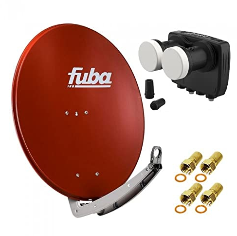 HD Digital Sat Anlage 2 Satelliten Astra/Hotbird - 2 Teilnehmer | Fuba DAA780R Sat Schüssel 78cm Ziegelrot + DUR-line MB6-TW Monoblock Twin LNB 6° (DVB-S2, HDTV, 4K/8K, 3D) + 4xF-Stecker vergoldet