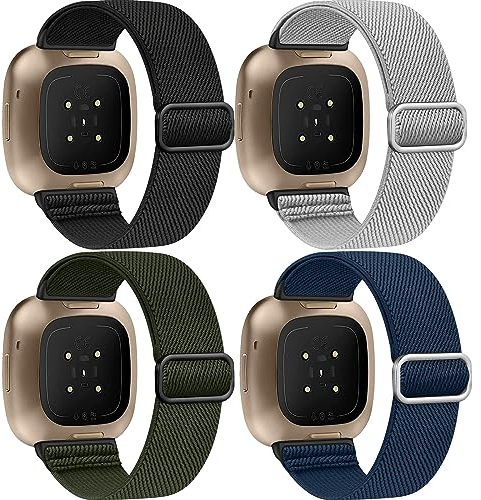 Zspoly 4 Stück Stretch Nylon Armbänder, Kompatibel mit Fitbit Versa 4/Fitbit Versa 3 Armbänder/Fitbit Sense 2/Fitbit Sense Armbänd, Einstellbare Weiche Woven Übung Armbänd für Männer und Frauen