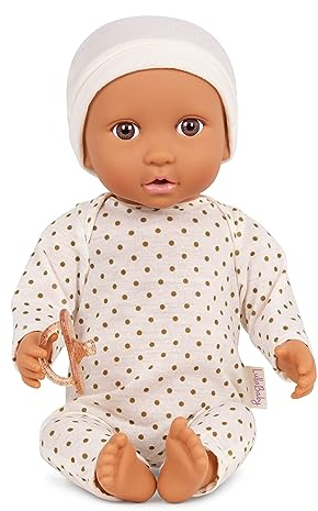 LullaBaby – Baby Puppe – Beiger Gepunkteter Schlafanzug – 36 cm Realistische Baby-Puppe – Olivgrüner Hautton & braune Augen – Weicher Körper & abnehmbares Outfit – Spielzeug für Kinder ab 2 Jahren