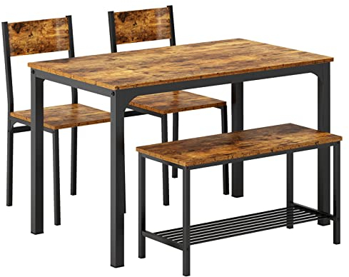 SogesHome Essgruppe Esstisch Set 4-teilig Esszimmertisch Möbel Tisch Set 2 Stühlen und Sitzbank mit Ablage aus Holz und Stahlgestell für Esszimmer Küche