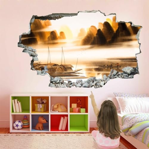 3D Wandtattoos Durchbruch Wandsticker Wandbilder Boot Abnehmbare Vinyl Selbstklebend Wanddeko Wandaufkleber Japanische Kunst Wanddeko für Wohnzimmer Kinderzimmer Junge Mädchen Teenager Zimmer