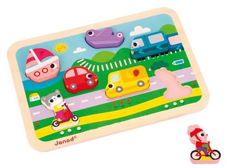 Janod - Chunky Puzzle - Die Fahrzeuge - FSC-Holz - 7 Teile - Fördert Feinmotorik, Konzentration und Fantasie - Ab 18 Monaten, J07124