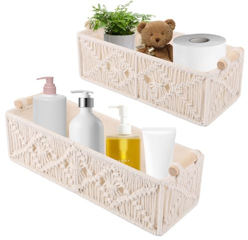 APACALI 2PCS Panier Rangement Tressés, Corbeille Tressé Rectangulaire Panier de Rangement Corde de Coton Fait Main, Panier Rangement Salle de Bain avec Poignées, Beige