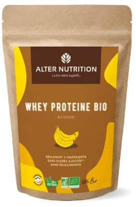 ALTER NUTRITION - Whey Protéine Bio - Banane - Prise De Masse - Récupération - BCAA - Lait De Vache Bio - Sans Sucres Ajoutés - Fabriqué En France - 18g De Protéines Par Scoop - Sachet De 1kg