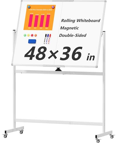 Large Rolling Whiteboard on Wheels, 48 x 36 Double-Sided Mobile White Board with Stand, 4' x 3' Portable Standing Magnetic Dry Erase Board Easel for Home Office Classroom School, Silver