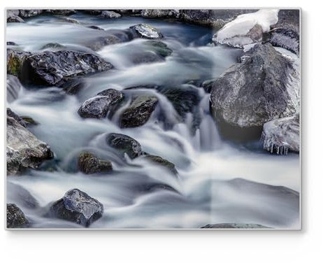 DEQORI Tagliere in vetro, grande, 40 x 30 cm, motivo corsa del flusso invernale, tagliere di design per cucina, tagliere per la colazione, antibatterico e antiscivolo, piano in vetro e piatto da