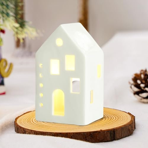 Maison Porcelaine Noel - Céramique LED Petite Maison Photophore Mate Avec Pied Pour Bougie Chauffe-Plat - Blanche (A)