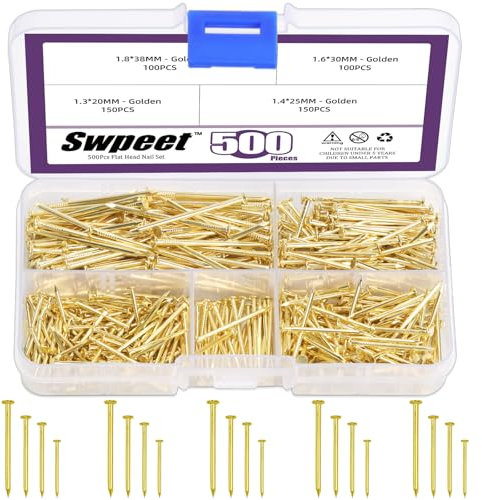 Swpeet 500 pezzi in 4 misure hardware per unghie assortite, chiodi placcati oro, chiodi piccoli, chiodi per finitura, chiodi da appendere, chiodi da parete da appendere