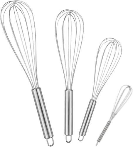 Set di 4 fruste da cucina in acciaio inox, per frullatore manuale per uova contiene 21 cm, 26 cm, 29 cm, frusta per mescolare, mescolare la pasta, le uova, frusta, insaponare, argento