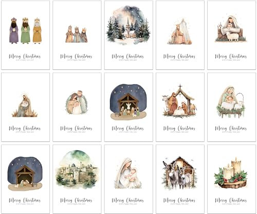 30 religiöse Weihnachtskarten mit 15 verschiedenen Aquarell-Designs und 30 braunen Kraftumschlägen aus Recyclingpapier