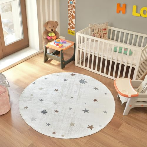 Livabliss Sterne Kinder 160x160 cm – Waschbar in Creme, ideal als Spiel- & Krabbelunterlage für Babyzimmer & Kinderzimmer