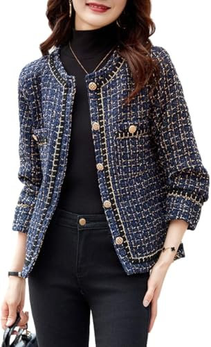 Veste à Carreaux décontractée en Tweed élégant pour Femme Blazer à Carreaux de Poche élégant et Formel Cardigan Costume Formel en Tweed (Bleu Foncé,TG)