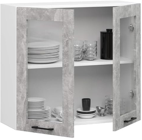 BDW - Küchenschrank Vitrine Hängend - Oberschrank Küche - Weiß/Beton - 80x30,5x72cm - mit 2 Türen und Griffen - Küchenschränke Einzeln, Wandschrank, Küchenhängeschrank - OLIWIA1 STK