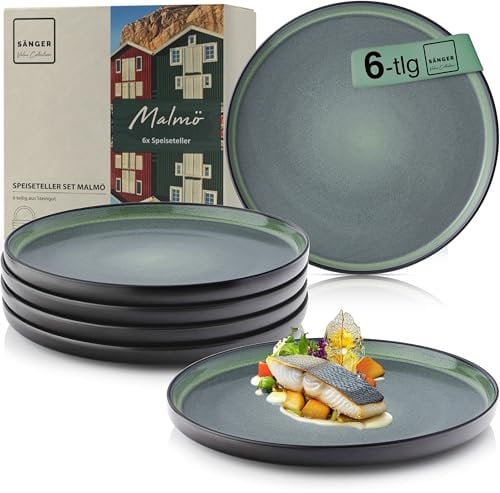 SÄNGER Malmö | Teller Set 6 Personen, Steingut Geschirr Set 6 teilig, Speiseteller Essteller Dinner Set kratzfest, Plates Set spülmaschinenfest, Speise Teller grün mit schwarzem Rand |VALUE COLLECTION