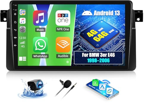 OiLiehu 4G+64G Android 13 Autoradio pour BMW 3er E46 1998–2006 avec CarPlay Android Auto sans Fil, 9“ IPS Écran Tactile 2 Din Radio avec GPS WiFi Lien Miroir Bluetooth FM/RDS EQ SWC Caméra Arrière