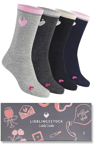 Lieblingsstück Socken Regular Damen - Geschenkox - Kulturtasche - 4 Paar | Crew Socken aus Baumwolle mit Glitzerbund - bequeme Strümpfe - Herz-Motiv - mit Geschenkbox oder Kulturtasche