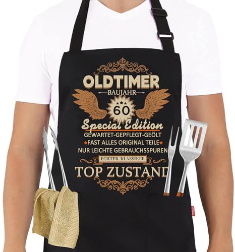 Delantal para barbacoa para 60 cumpleaños, delantal de cocina como regalo para el 60 cumpleaños, negro delantal de cocina para hombre, ajustable, ideas de regalo de cumpleaños para hombres, divertido