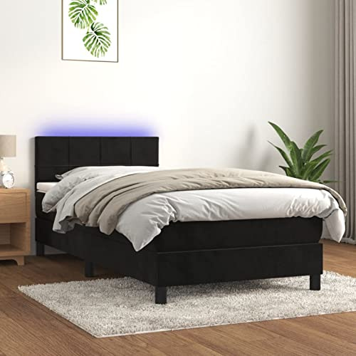 IKAYAA Boxspringbett mit Matratze 90 x 200 Bett mit LED Beleuchtung & Topper Boxspringbett 90 x 200 cm Bett mit Matratze und Lattenrost Bett komplett mit Kopfteil Samt-Schwarz-90 x 200 cm