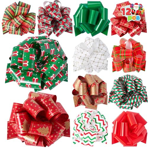 JOYIN 12 PCS Classic Christmas Pull Bows, 5 Wide Gift Bows for Wrapping Presents, Holiday Accessories for Kids, Xmas Party Supplies, Gift Box and Bag Decorations