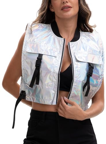 Ausing Damen Oberteil Metallic Alien Silber Träger Top Glitzer mit Reissverschluss Shirt Pailletten Club Kostüm Crop Neon Tshirt Party Fasching Jacke Sexy Flash Glitzeroberteil Glänzend Holographic S