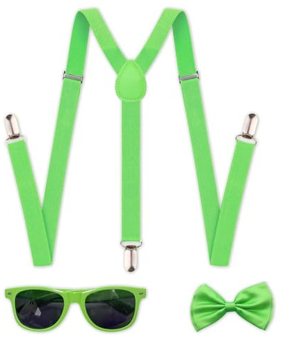YOKJGHDO Neon Party Outfit 3-teiliges Set – grüne Hosenträger mit Fliege und Neon Brille, auffälliges Neon Outfit für Fasching, Festival, Karneval, Party Looks für Erwachsene
