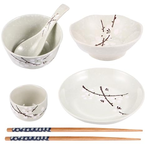 Japanese Dinnerware Set 6 Pcs Ceramic and Wooden Dining Set | Tableware for Single, Practical Tableware Set with Bowl Plate Cup Dish Spoon Chopsticks