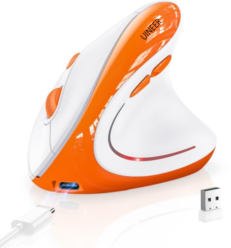 Uineer Wireless Ergonomic Mouse, Vertical Bluetooth Mice (BT4.0/5.0 and 2.4G) Optical Mouse, Multi Device Connection, 7 Color LED, 2400 DPI Silent Clicks Computer Mouse for PC/Mac/Laptop, Orange