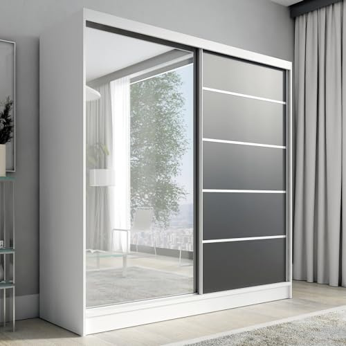 A&J MöbelLand Schwebetürenschrank KARO 1 Kleiderschrank 2-türig mit Spiegel Garderobenschrank 200 cm (Weiß/Schwarz)