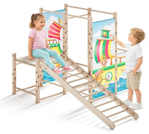 Kids Jungle Indoor Klettergerüst mit Holzleiter – Massivholz – bis 100 kg – DIN EN 71 geprüft – für Kinder ab 3 Jahren (Schiff)