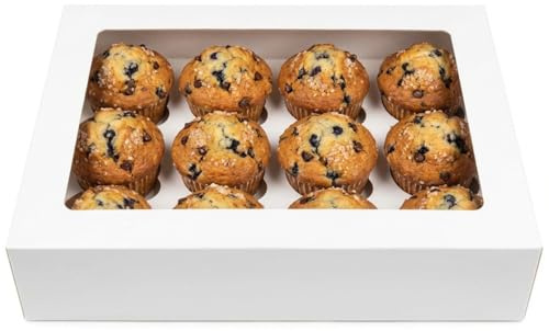 White Cupcake & Muffin Boxes with Window, 10 Pack, 12 Standard or 24 Mini | 13 x 10 x 3 inch food-grade cardboard boxes with reversible removable inserts for cupcakes, muffins, cakes and mixed bakes.