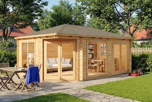 Alpholz 5-Eck Gartenhaus Julia aus Holz 598 x 410cm mit 34 mm Wandstärke in Naturbelassen
