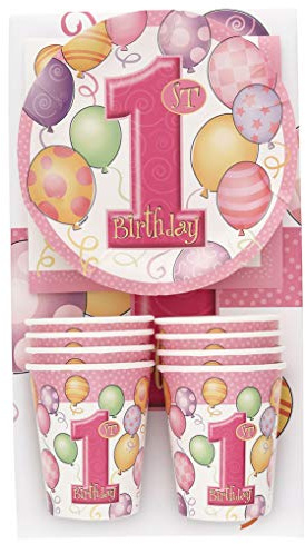 Unique Party 23887 - Pink Balloons 1st Birthday Party Pack for 8 Guests