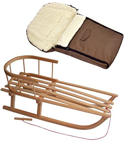 BAMBINIWELT Kombi-Angebot Holz-Schlitten mit Rückenlehne & Zugseil + universaler Winterfußsack (90cm), auch geeignet für Babyschale, Kinderwagen, Buggy, aus Wolle Uni (Braun)